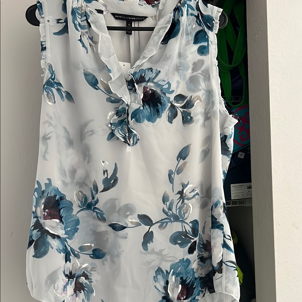 Floral Ruffle Blouse - White and Blue